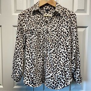 Talbots Leopard Print Blouse Size Medium Long-sleeve Button-down Classic Collar